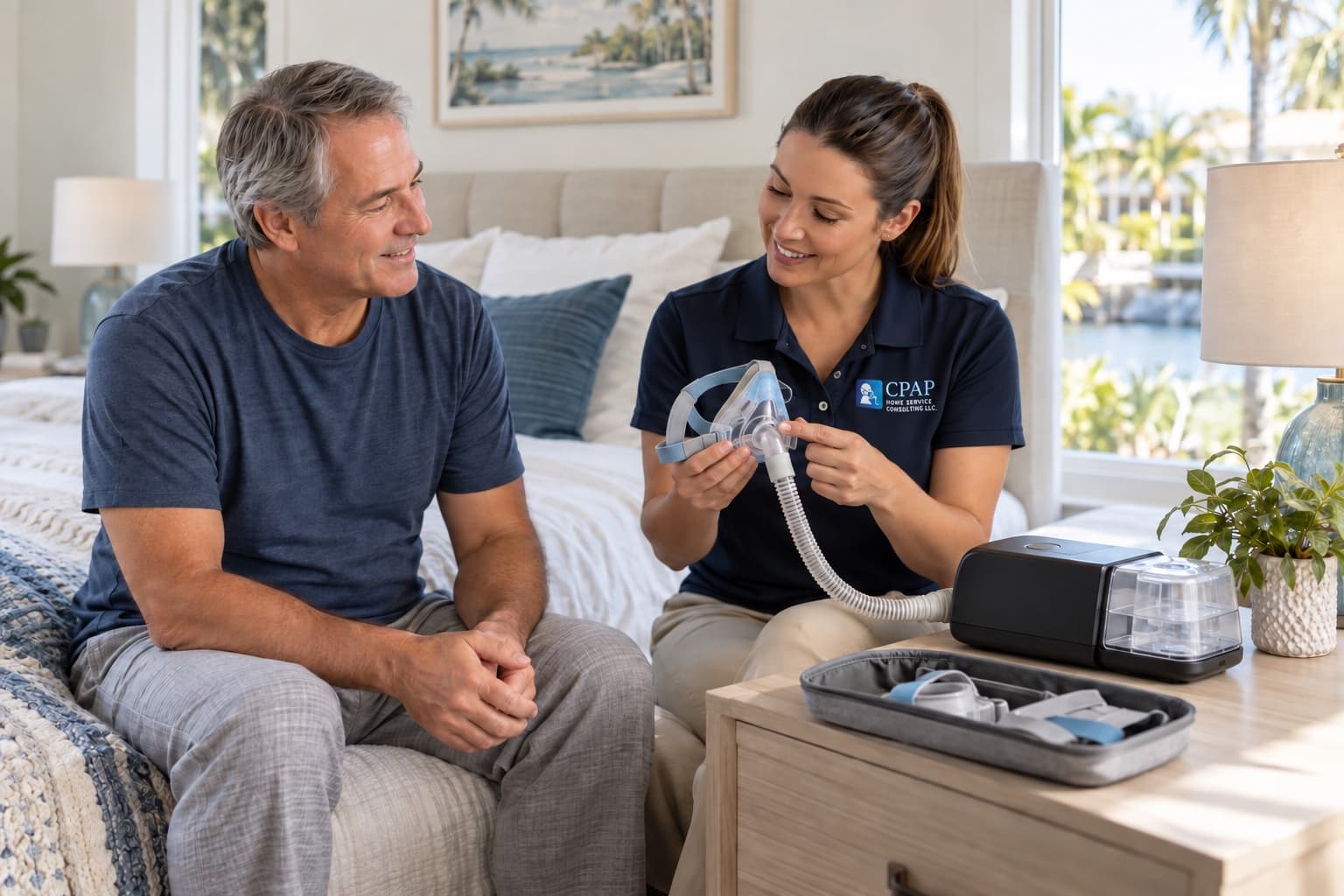 A patient receiving non-clinical CPAP equipment orientation at home